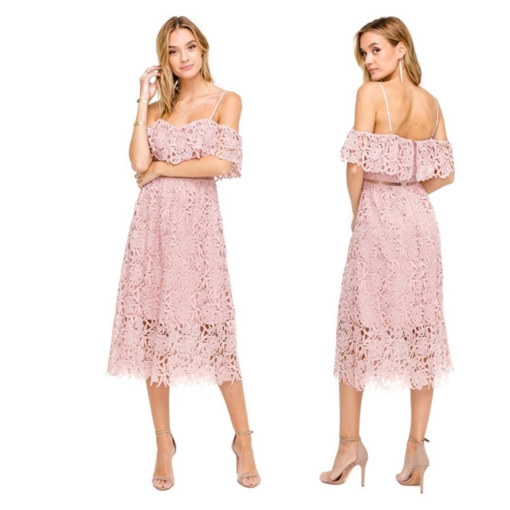 ASTR Lace Off the Shoulder Shoulder Ruffle Midi Dress Blush Pink Medium